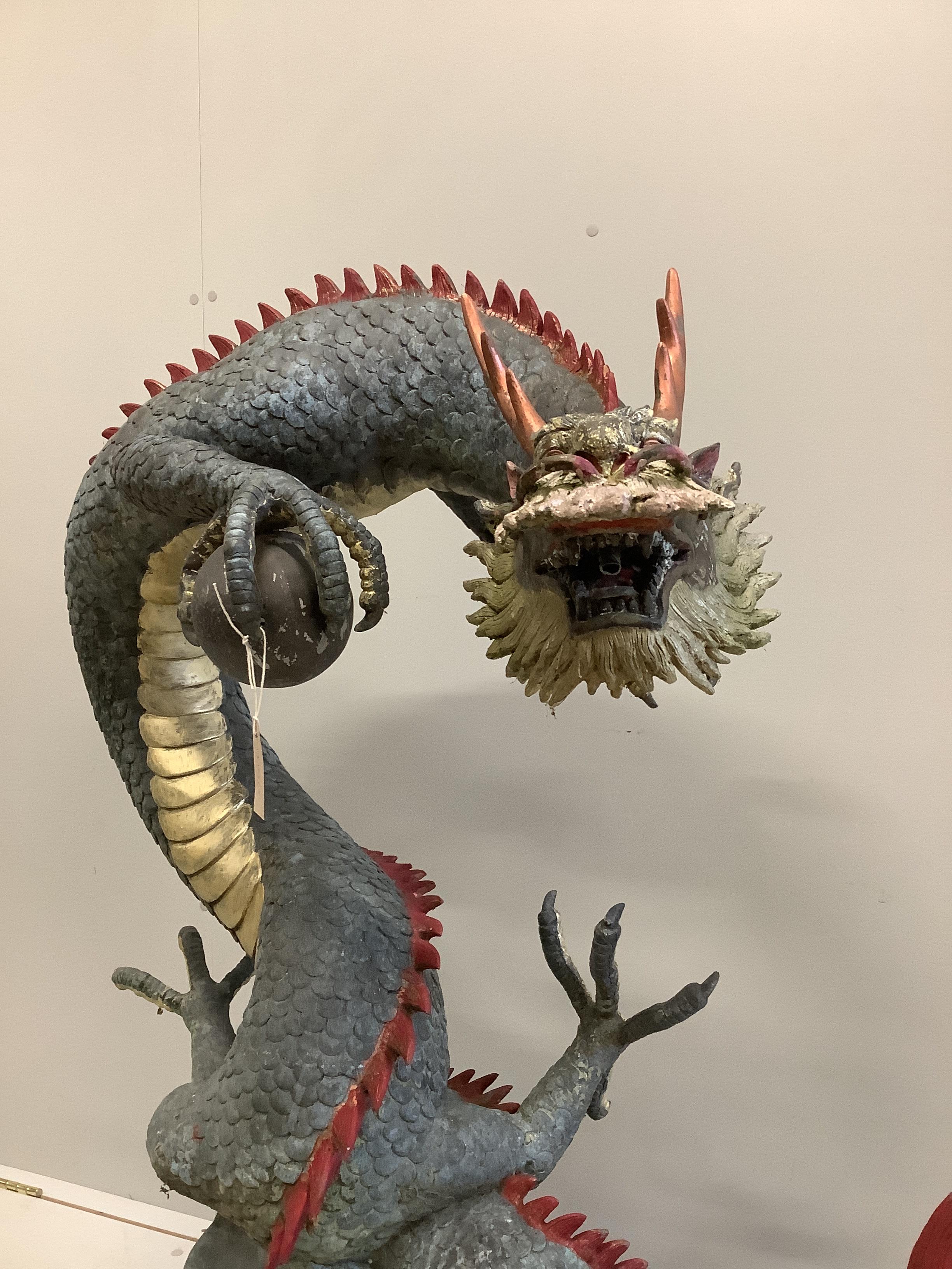 A Chinese style painted bronze dragon and pearl garden fountain, height 118cm